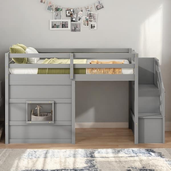 slide 2 of 12, Twin Size Loft Kids Bed Frame with Storage Staircase and Window for Safe and Fun Sleeping Space, Safety Guaranteed, Grey Grey