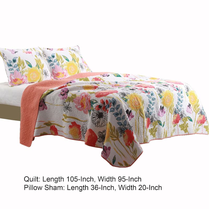 3 Piece Cotton King Size Quilt Set with Stencil Flower Print, Multicolor