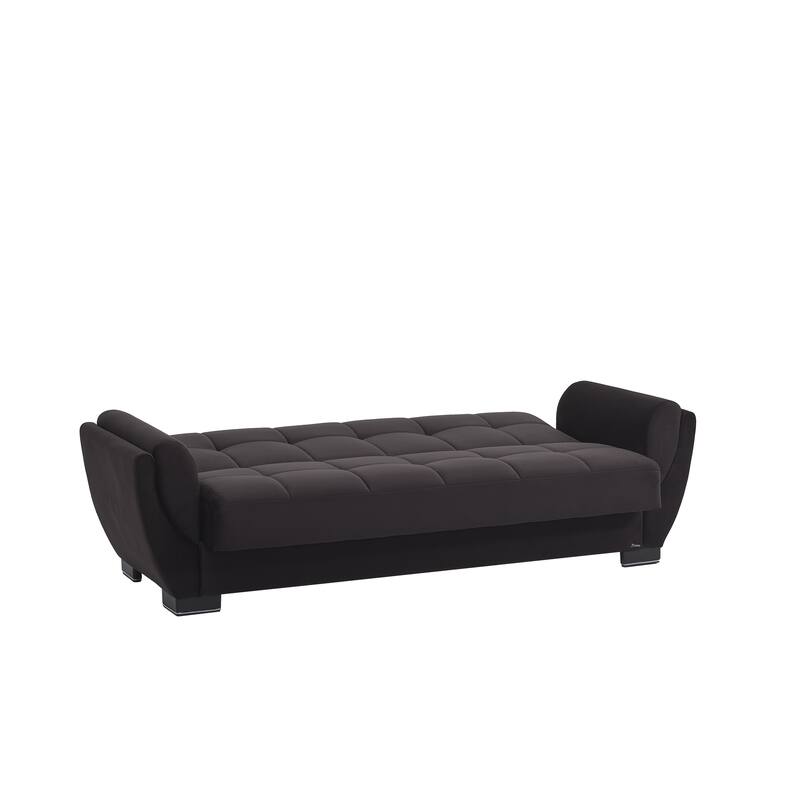 HomeRoots 93" Black Microfiber Convertible Futon Sleeper Sofa And Toss Pillows With Storage