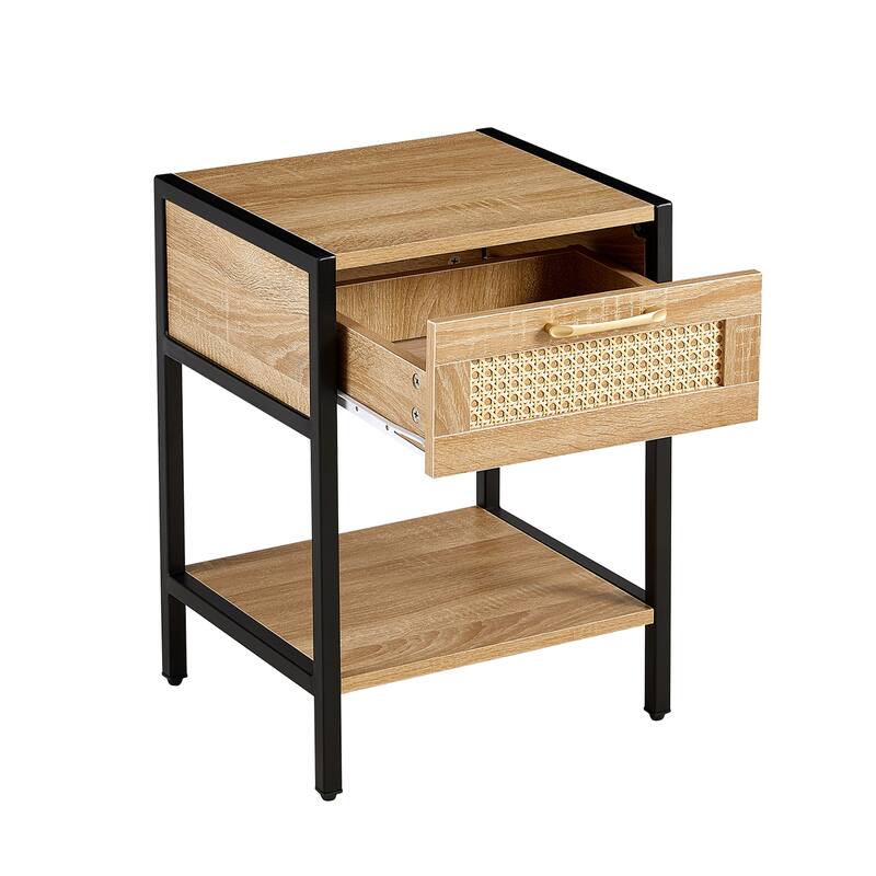 Modern Natural Rattan Wooden Nightstand/End Table/Side Table with Drawer(Set of 2)