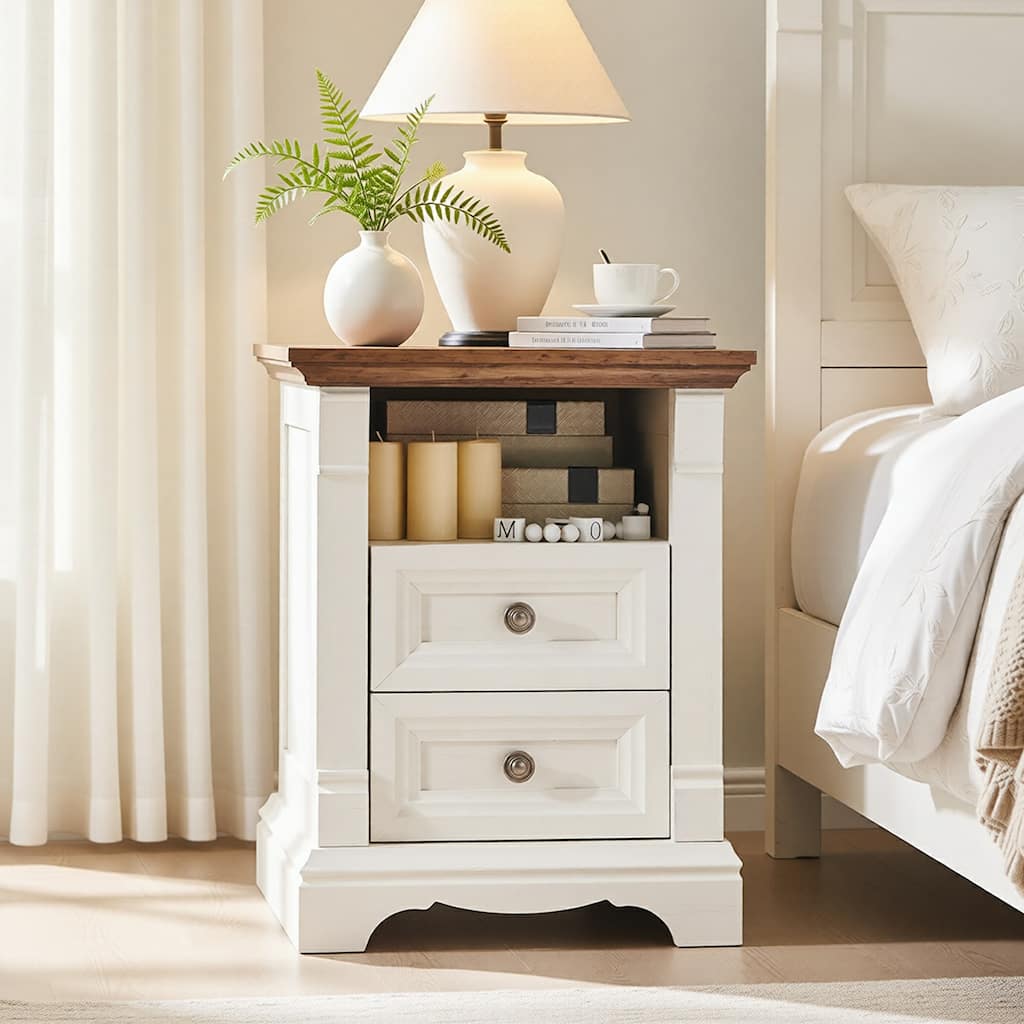 Farmhouse Nightstand with Charging Station, End Table with 2 Drawers