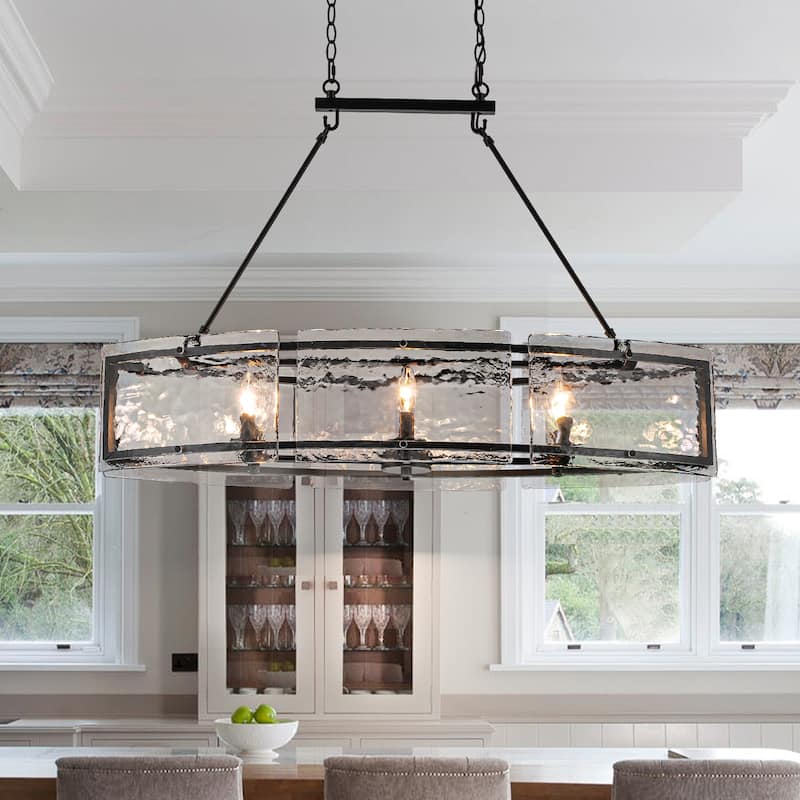 39.4" Linear 6-Light Textured Glass Chandelier Farmhouse Kitchen Island Pendant Light - Matte Black
