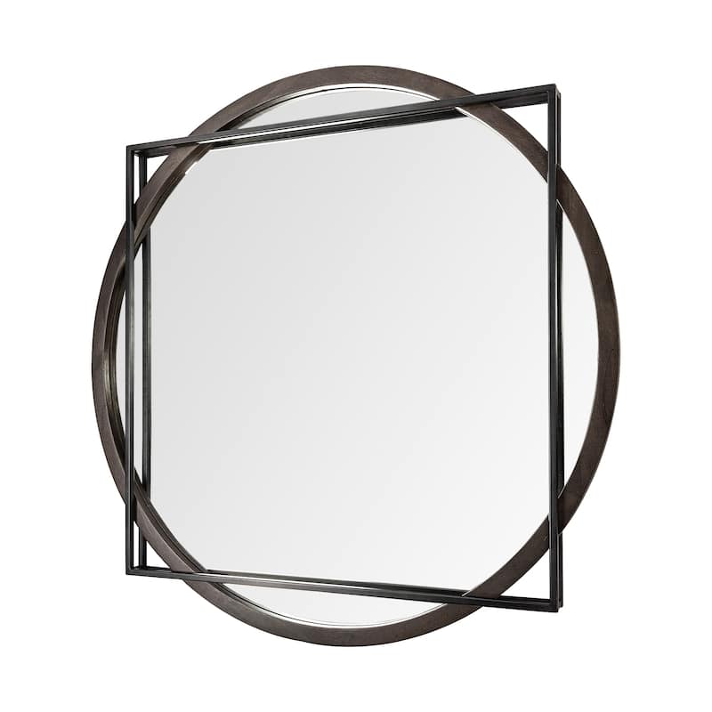 Norbert Black Metal With Brown Solid Wood Frame Round Mirror - 46" x 46" - Black