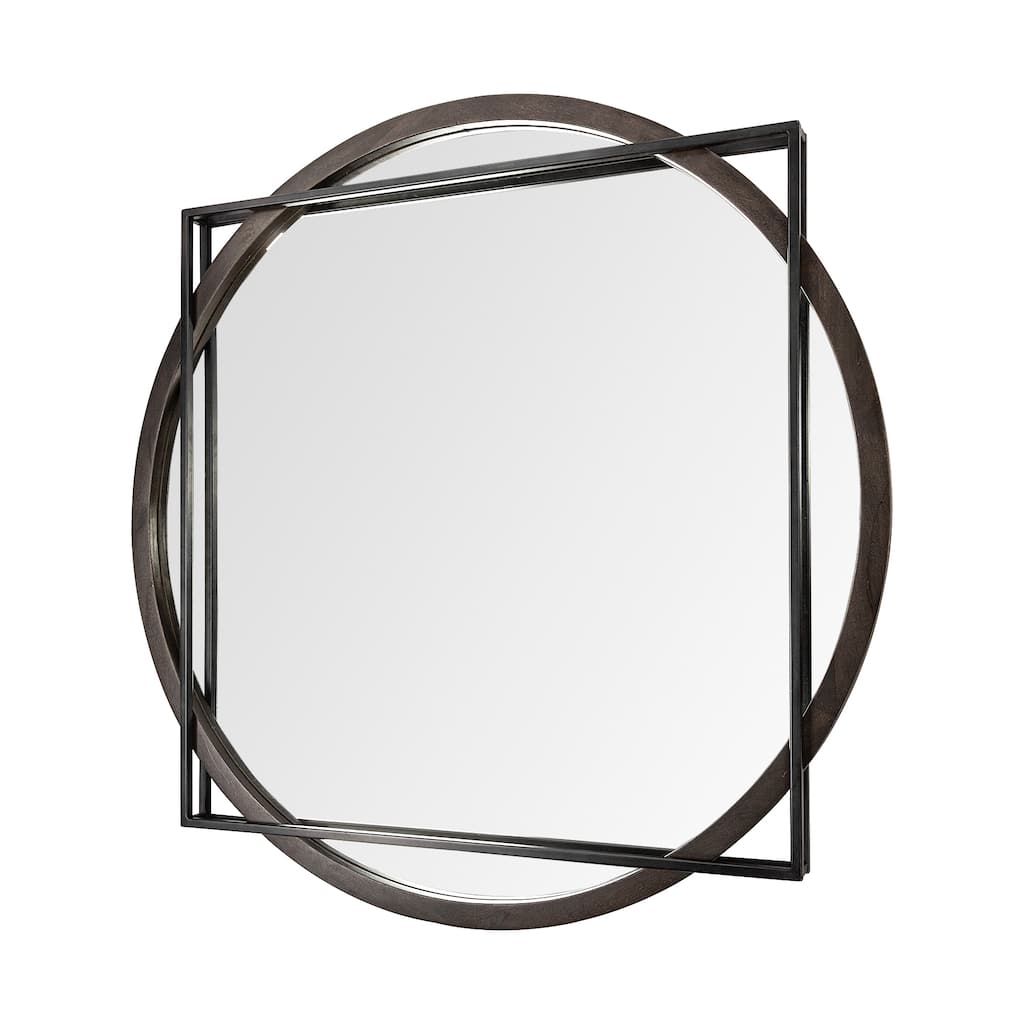 Norbert Black Metal With Brown Solid Wood Frame Round Mirror - 46" x 46"