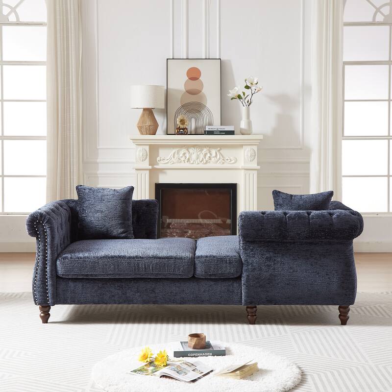 81-inch Chenille Face-to-face Chaise Lounge with Two Pillows,Nailhead trim,Button Tufted Design and Rolled Arms