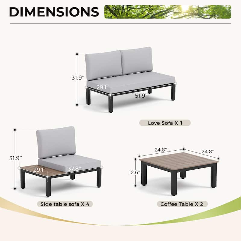 10-Seat Patio Sectional sofa set, E-coating Steel frame Conversation Sets with Built-in Side Table , Grey Cushion