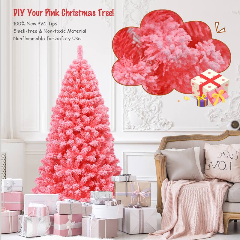 Gymax 4.5/6.5/7.5 FT Artificial Snow Flocked Pink Christmas Tree Unlit - See details