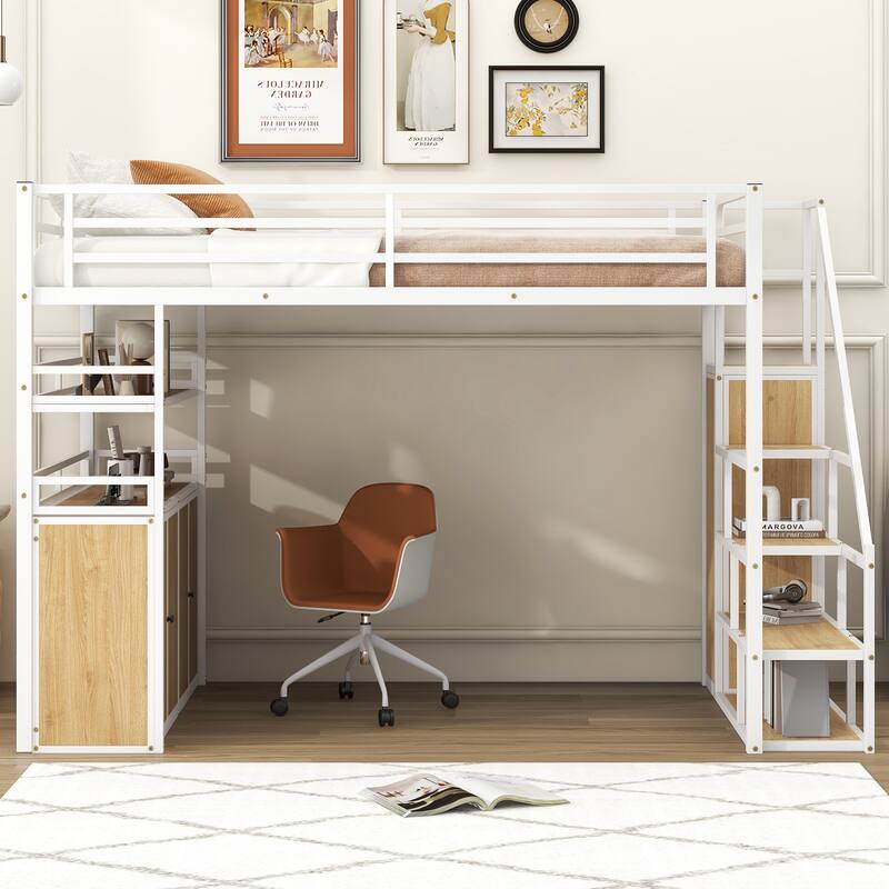 Full Size Metal Loft Bed with Storage Staircase, Wardrobe, Shelves and Lockers