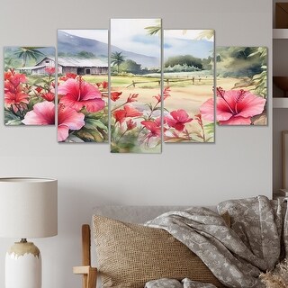 Designart "Pink Green Hibiscus Tropical Harmony Flowers II" Floral Art ...