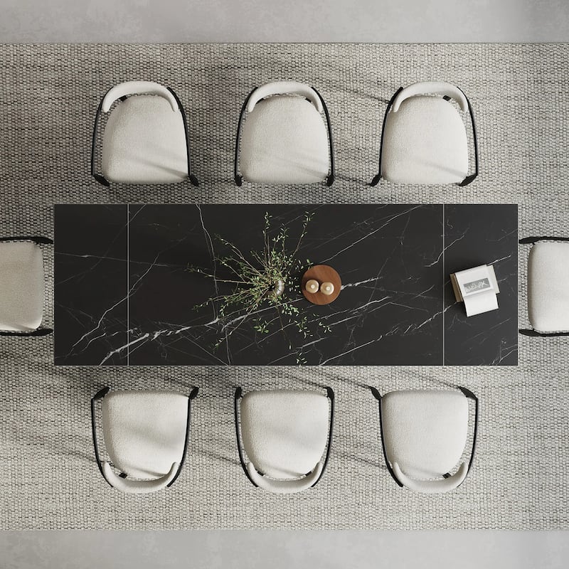 9 - Piece 94.48'' Modern Minimalist Extendable Sintered Stone Top Dining Set with 8 Fabric Chairs