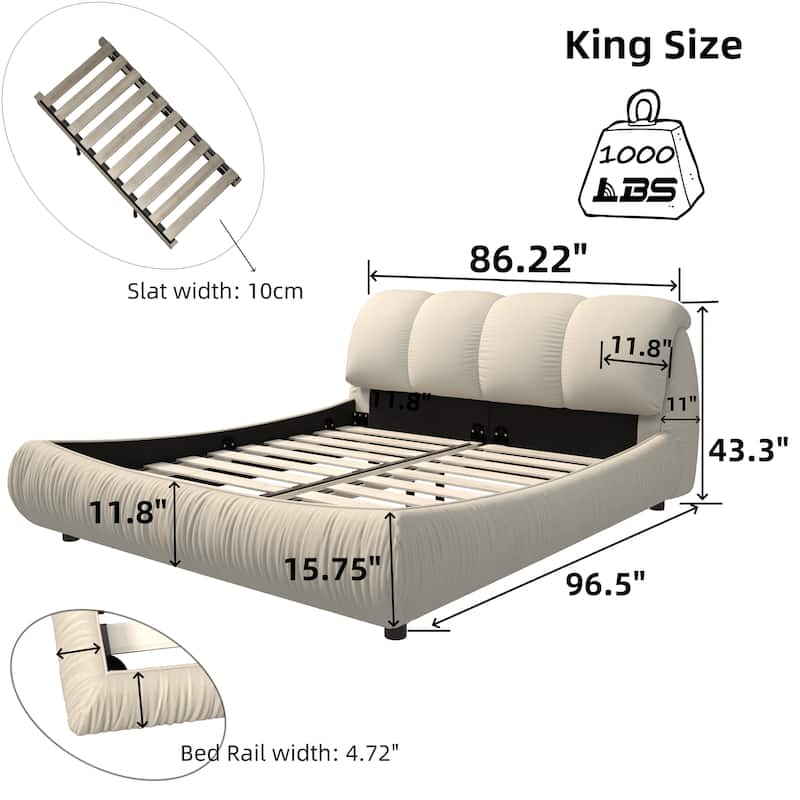 King Size Upholstered Bed Frame with Extra-Wide Cushioned Headboard, Solid Pine Slats & Adjustable Mattress Height