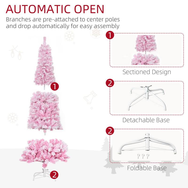 Pink Snow Flocked Pencil Christmas Tree Indoor Slim Space Saving Artificial Tree with Hinged Branches and Steel Base