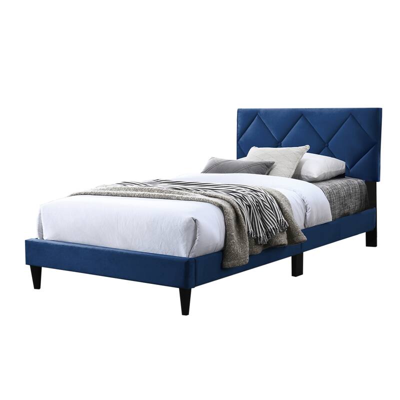 Velvet Upholstered Adjustable Headboard Full Bed with Tufting Design - Navy Blue