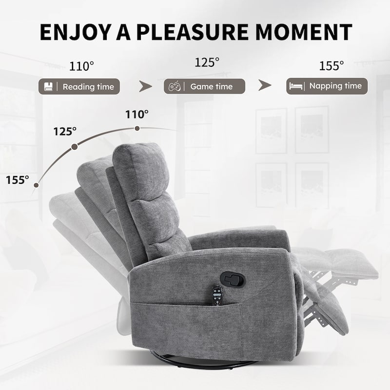 Heat Massage Manual Recliner Chair With Rocker And Swivel In Fabric