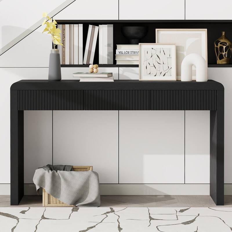 Rustic Console Table with 3 Fluted Drawers - Solid Wood Veneer Entryway Table Featuring Natural Wood Grain for Living Room - Black