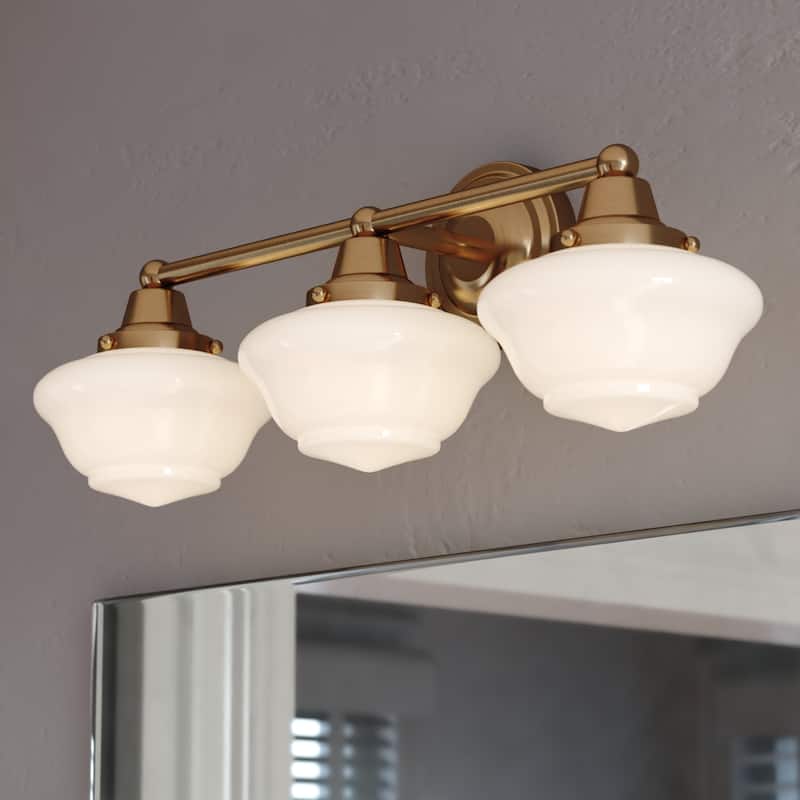 VAXCEL Eastgate Bathroom Vanity Wall Light Fixture, White Frosted Opal Glass Schoolhouse Shade, Dimmable, LED Compatible - Antique Gold - 23-in W x 8.75-in H x 7.75-in D
