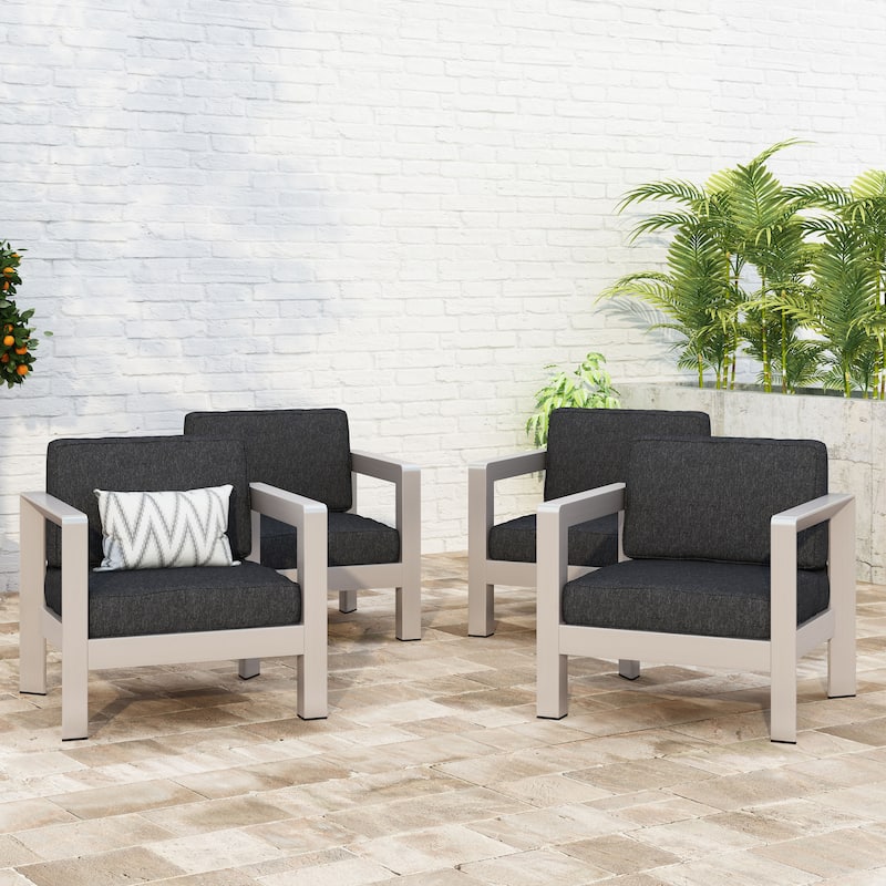 Aviara Outdoor Aluminum Club Chairs (Set of 4) by Christopher Knight Home - sliver + gray cushion