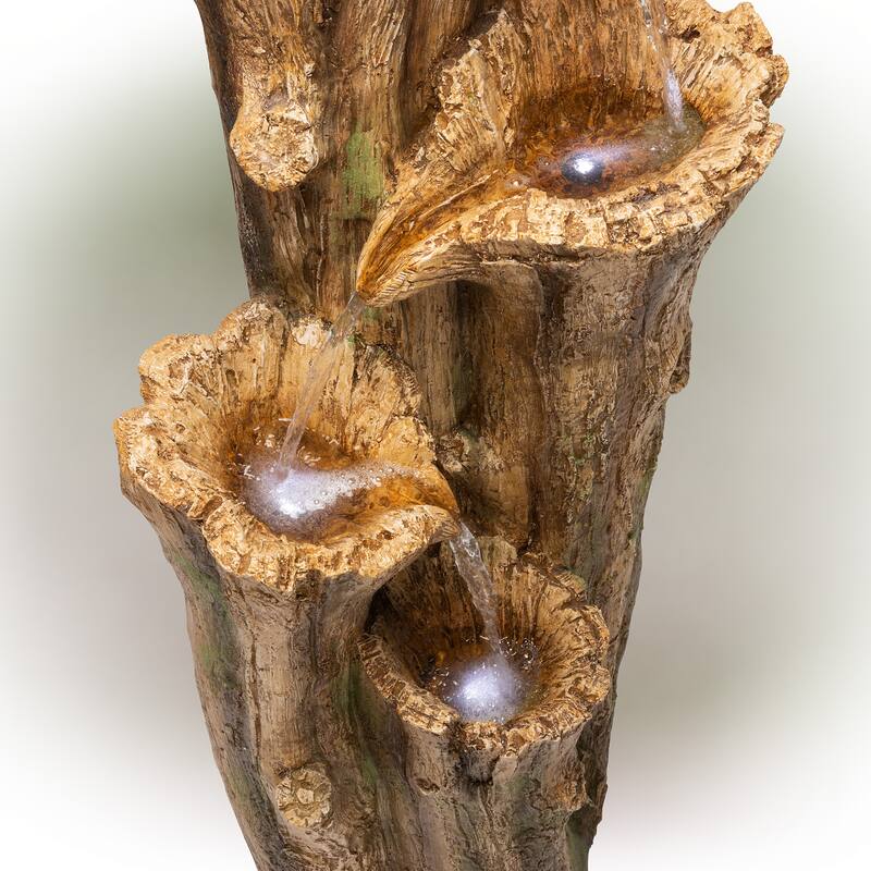 Alpine Corporation 47" Tall Outdoor 3-Tier Cascading Tree Bark Water Fountain with LED Lights