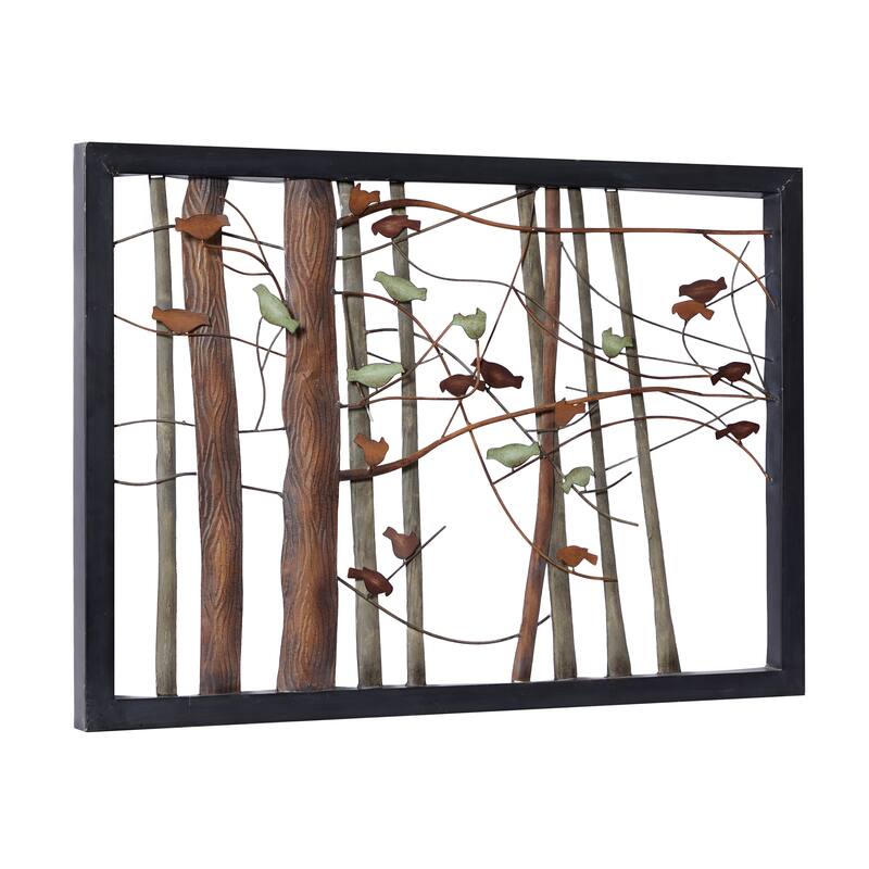 Multi Colored Metal Cutout Bird Home Wall Decor with Tree Branch Accents and Black Metal Frame