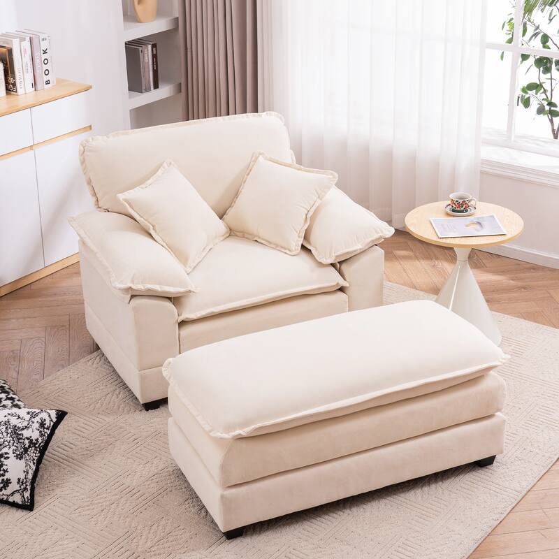46.9 Inch Single Sofa with 2 Folding Pillows and an Ottoman, Comfort Sofa - Living Room Deep Seating Sofa for Living Room - White