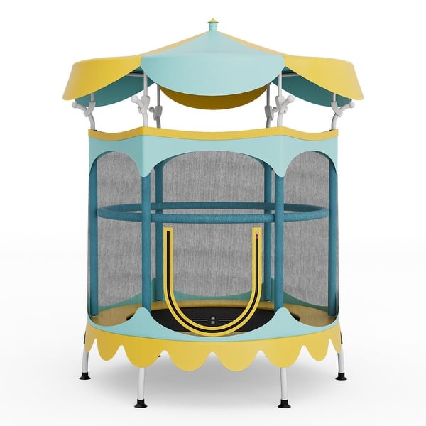 slide 1 of 1, 64" Kids Trampoline with Detachable Canopy and Safety Enclosure Net-Yellow - 64" x 81" (Dia. x H) 64" x 81" (Dia. x H)