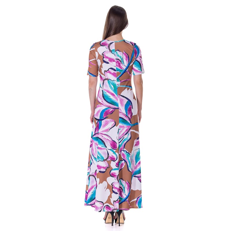 24seven Comfort Apparel Womens Pink Floral Elbow Sleeve Casual A Line Maxi Dress