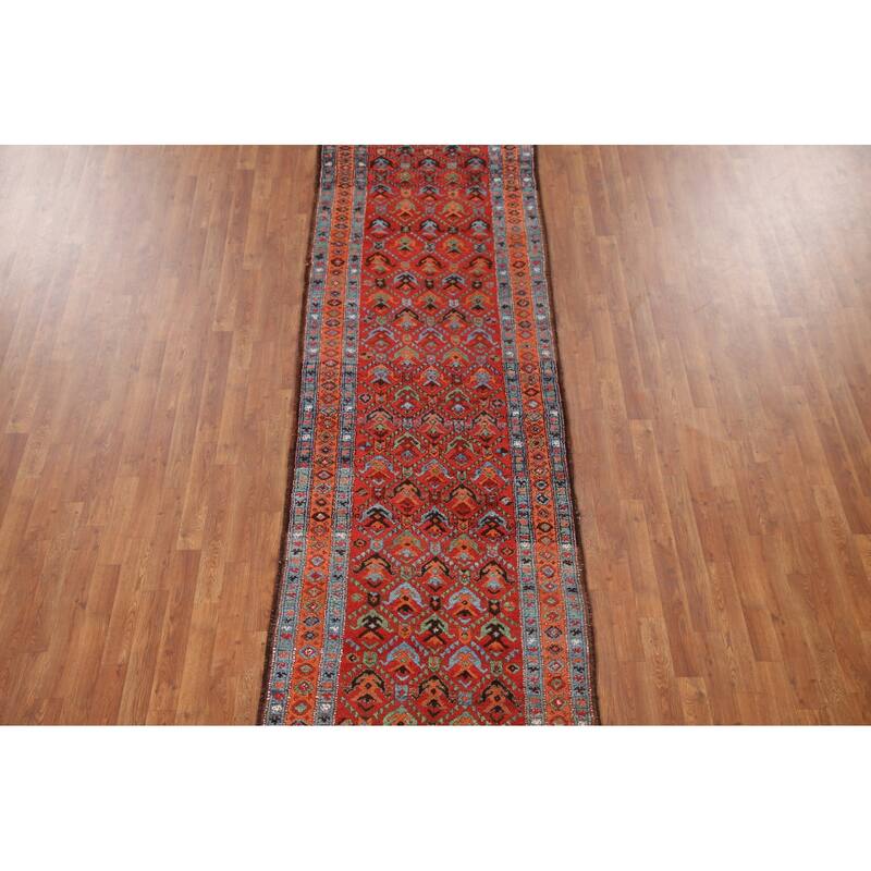 Hand Knotted Oriental 100% Wool Carpet Traditional All-Over Red Heriz Runner Rug - 13' 10'' X 3' 4''