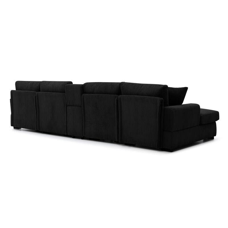 Modern Memory Foam Couch Corduroy U-shaped Sectional Sofa with Storage Console, Cup Holders and USB Ports for Living Room