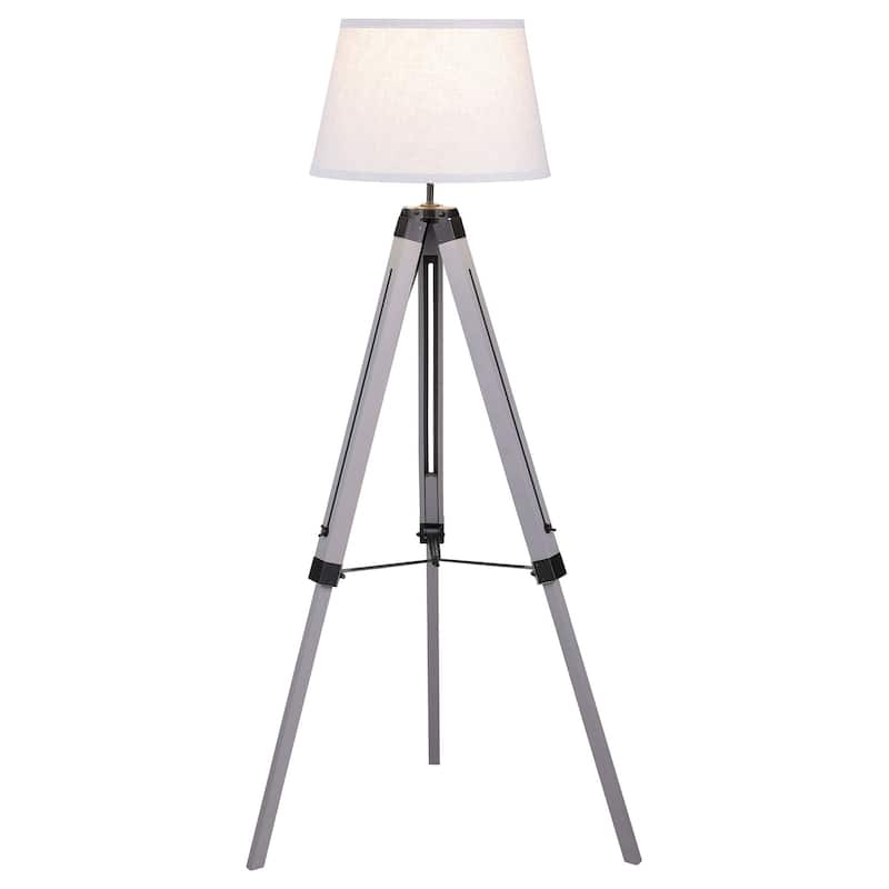 56 Inch Floor Lamp, White Tapered Drum Shade, Weathered Gray Tripod Base