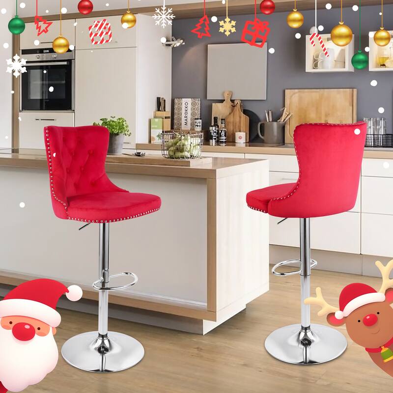 Velvet Swivel Bar Stools,Modern Bar Stools with High Back and Metal Footrest,Adjustable Swivel Barstools (Set of 2)