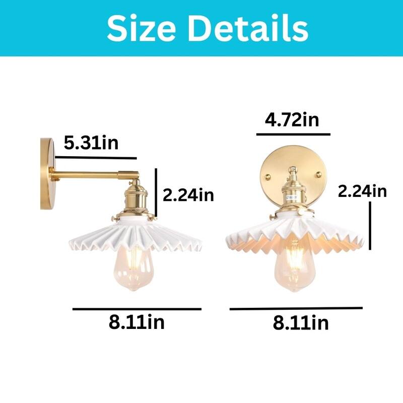 1 Light wall sconce pleated white wall lighting brass, ceramic bedroom wall lighting