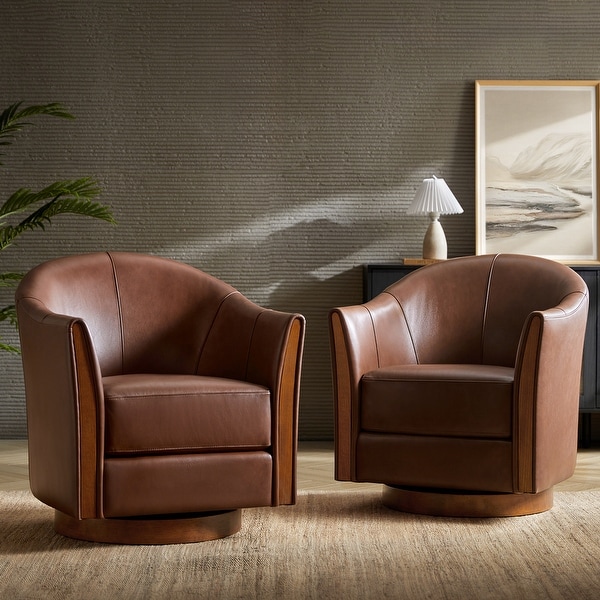Jorge Transitional Genuine Leather Swivel Barrel Chair Set of 2 by HULALA HOME On Sale Bed Bath Beyond 42401461
