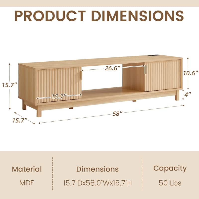 EROMMY 58/70 inch Mid Century Modern TV Stand with Fluted Doors, Entertainment Center with Power Outlet & Cable Management
