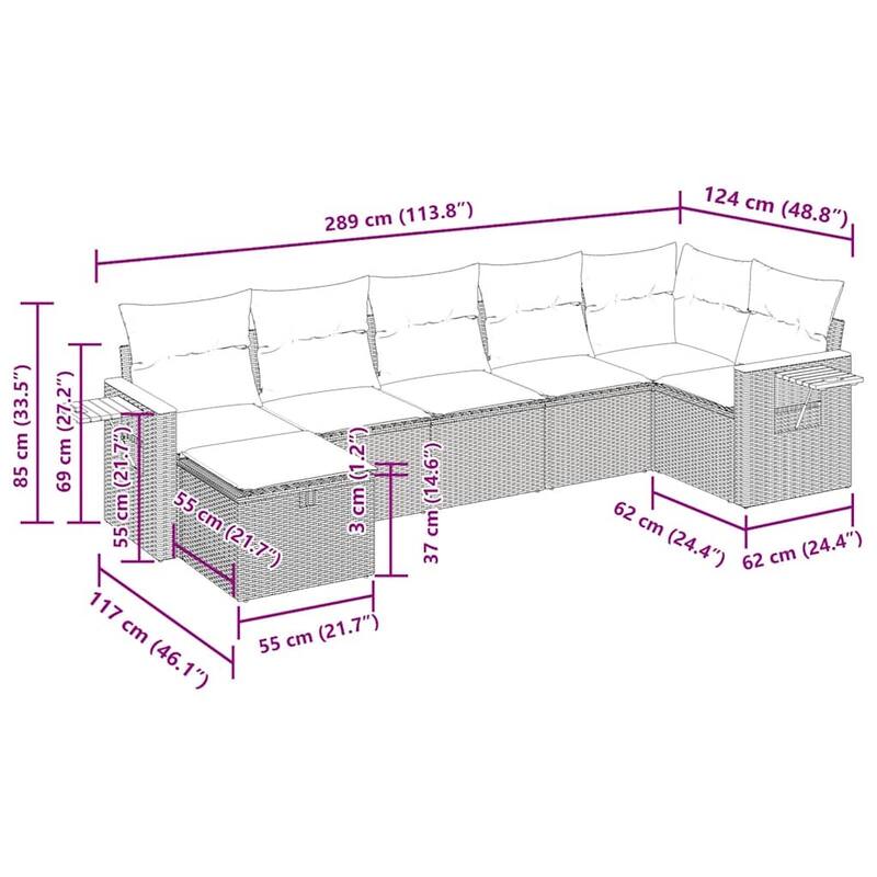 vidaXL 7 Piece Patio Sofa Set with Cushions Black Poly Rattan - 21.7 x 24.4 x 27.2