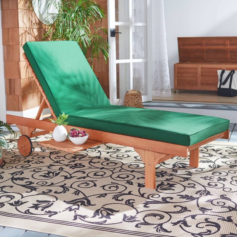 SAFAVIEH Outdoor Aubrie Adjustable Chaise Lounge Chair with Wheel. - Natural/Green.