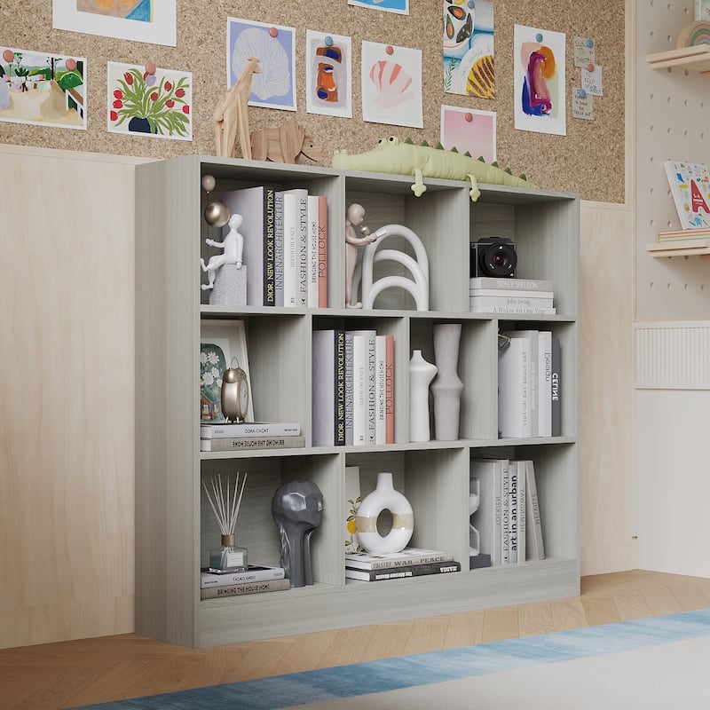 Gray Bookshelf with Multi-Size Storage Compartments Home Office Bookcase Organizer Bookcase Organizer