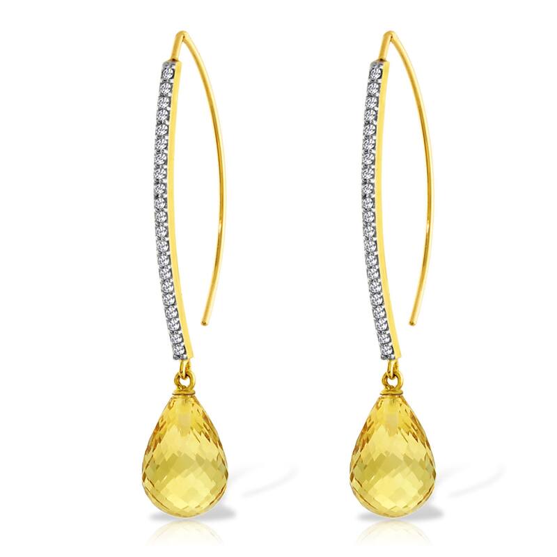14K Solid Gold Diamonds Hook Earrings w/ Dangling Briolette Citrines - Yellow