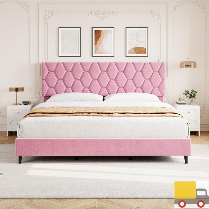 Upholstered Platform Bed Frame with Adjustable Headboard