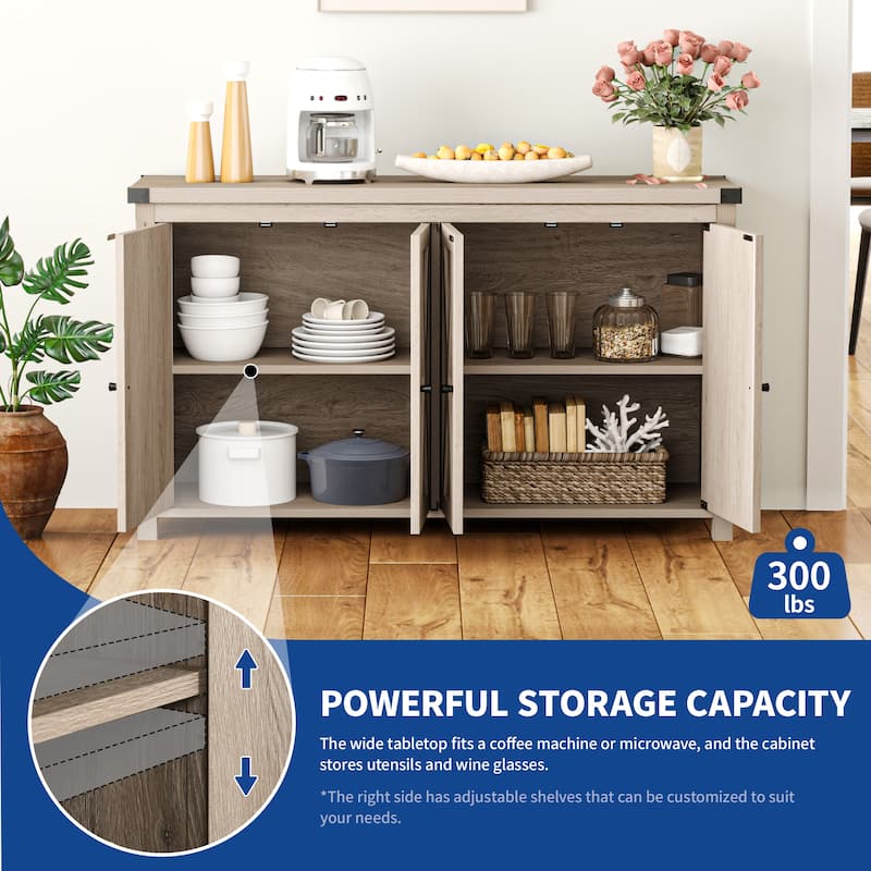 Moasis 55-inch Farmhouse Four-Door Buffet Cabinet Storage Kitchen Sideboard Buffet Table