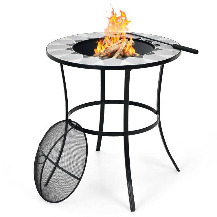 25.5 Inches Round Fire Pit Table with Mesh Cover and Fire Poker - 25.5" x 25.5" x 27.5" (L x W x H)