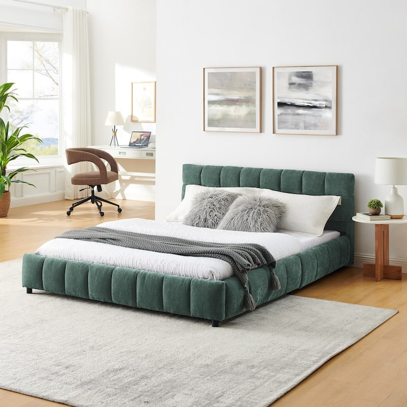 Queen Size Upholstered Bed with Storage Drawers, Soft Chenille Fabric Frame, Modern Platform Bed with Headboard