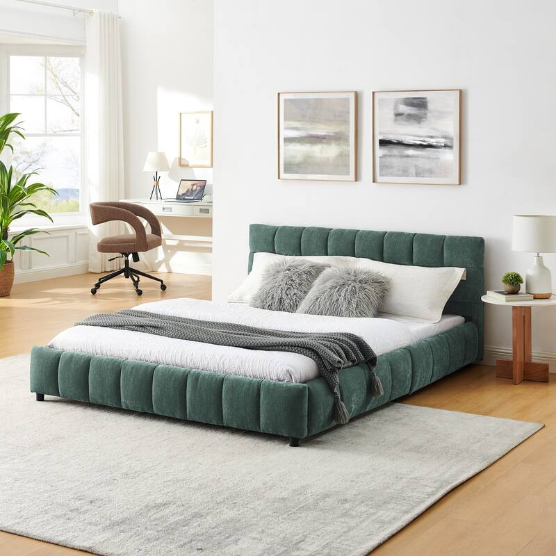 Roomfitters Queen Upholstered Chenille Platform Bed with Headboard and Hidden Storage Drawer, Solid Frame