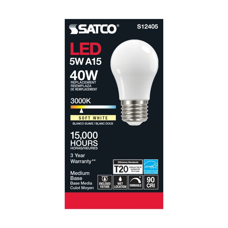 5 Watt LED A15 Soft White 3000K Medium base 90 CRI 120 Volt - N/A