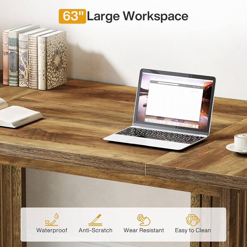 63-Inch Executive Desk, Large Computer Desk with Sturdy Wood Legs for Home Office, Rustic Brown