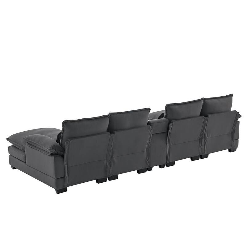 123"W modern u-shaped living room upholstered sofa with console, cup holders and USB ports