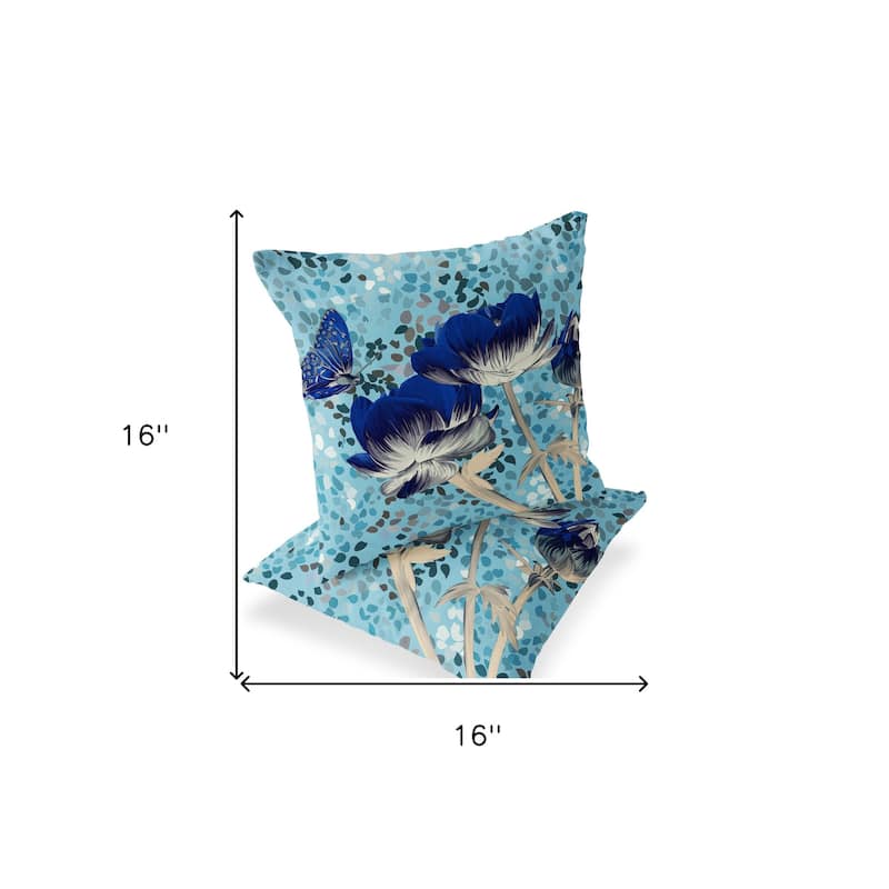 HomeRoots Set of Two 16" X 16" Blue and Gray Butterfly Blown Seam Floral Indoor Outdoor Throw Pillow - 16.00' X '16.00' X '5.00