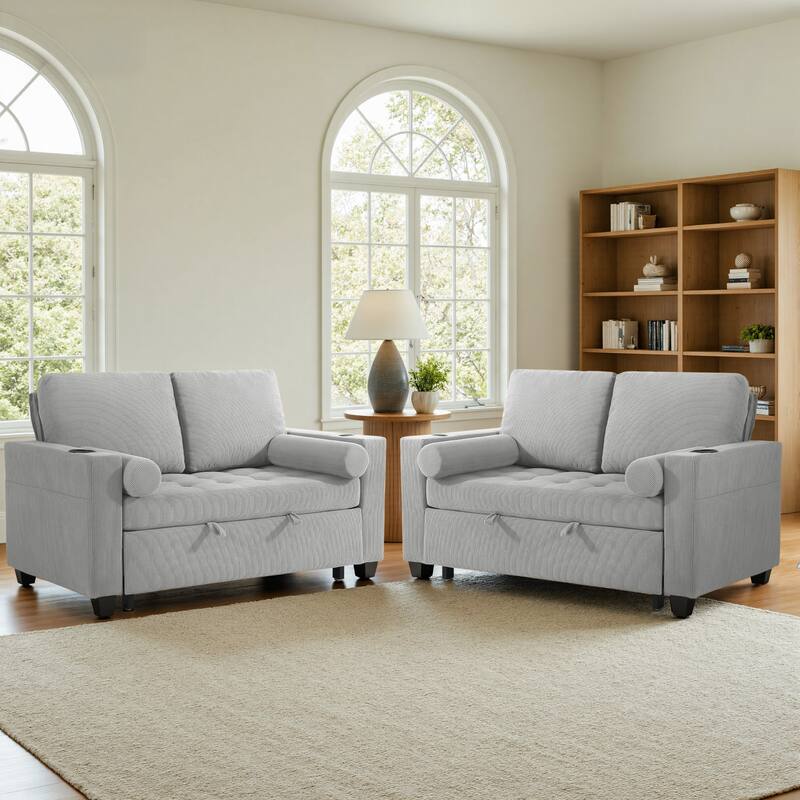 2 Set Corduroy Convertible Sleeper Sofa Bed Loveseats with Cup Holder, USB Ports