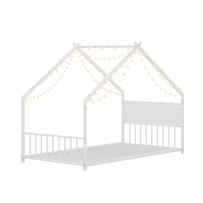 Twin Size Metal House Bed with Roof, LED Lights, and Slats, No Box Spring Needed, White