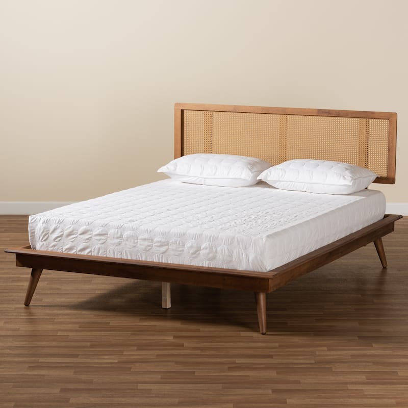 Nura Mid-Century Walnut Brown Wood and Rattan Platform Bed - Full