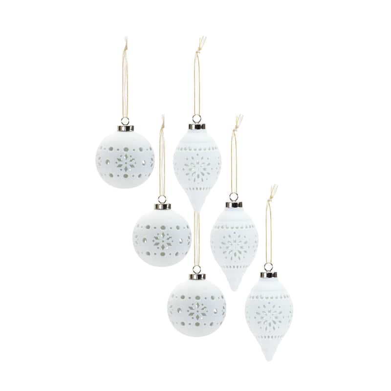 6 White Finish Snowflake Porcelain Christmas Ball Ornament 4-5.5"